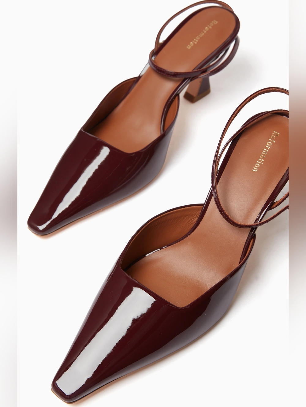 Reformation Natasha 75 Ankle-strap Mid Heel Pumps in Patent Burgundy Size 10